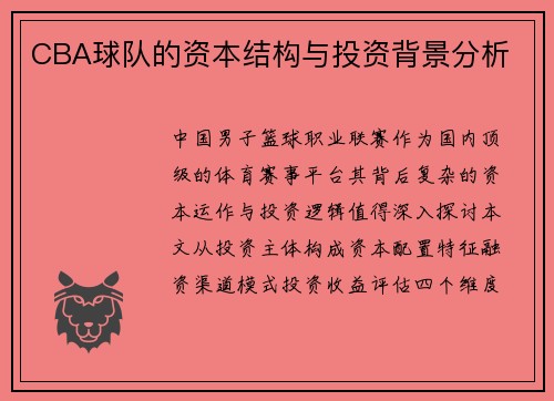 CBA球队的资本结构与投资背景分析
