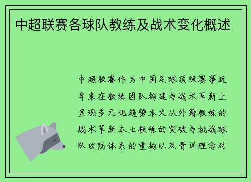 中超联赛各球队教练及战术变化概述